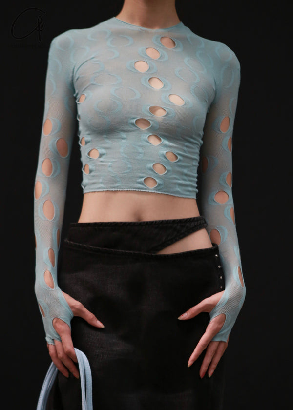 Rui Zhou JW03 series hollow long-sleeved elastic top RUI-RUIFW21JW03A-SHUILAN Aqua RUIFW21JW03